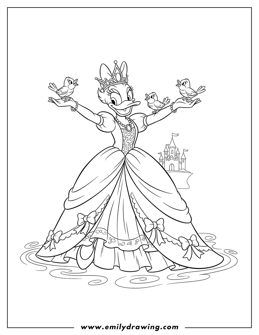 Outline drawing of daisy Duck Princess Gown with outstretched arms and little birds