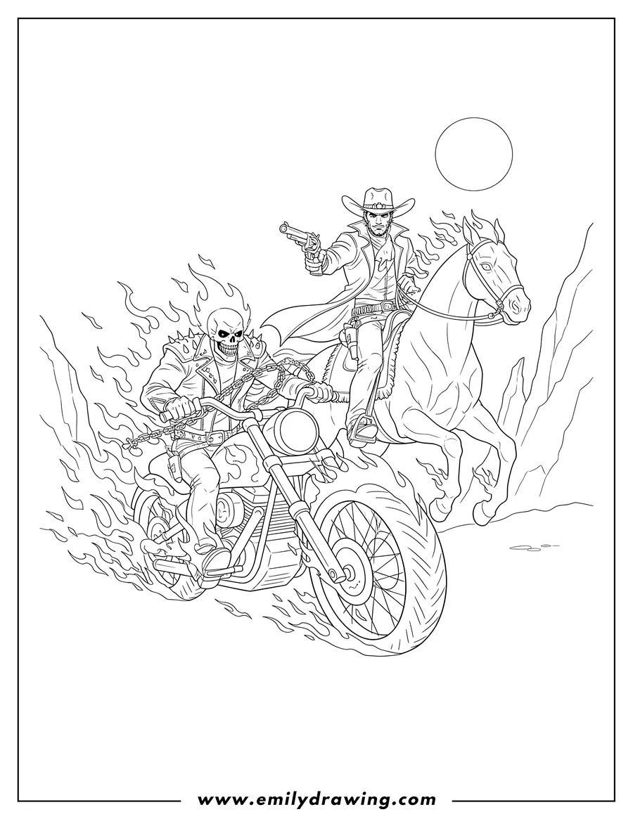 Full page coloring image of ghost Rider Danny Ketch on a flaming motorcycle, and Carter Slade on a flaming horse, holding a gun