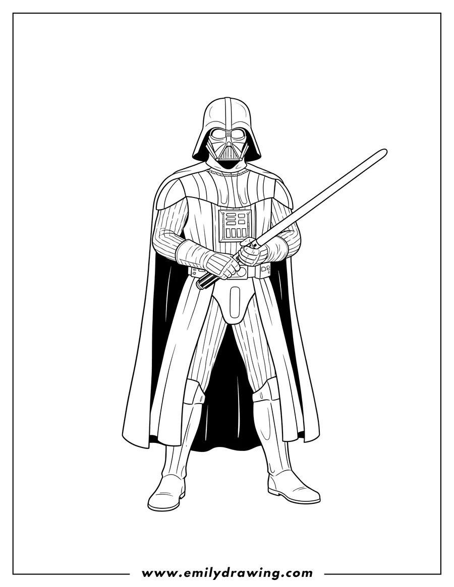 Printable line art of realistic Darth Vader holding a lightsaber