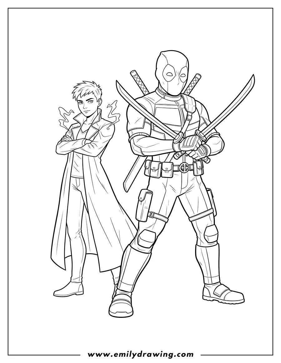 Printable coloring page of deadpool with katanas and Negasonic Teenage Warhead in a long coat