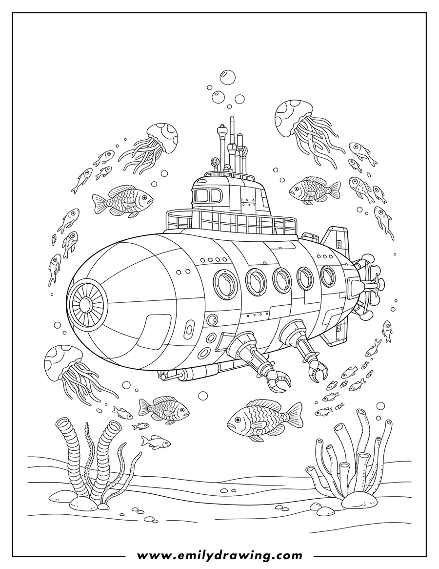 Black and white line art of realistic Deep Sea Submarine with a conning tower, surrounded by fish