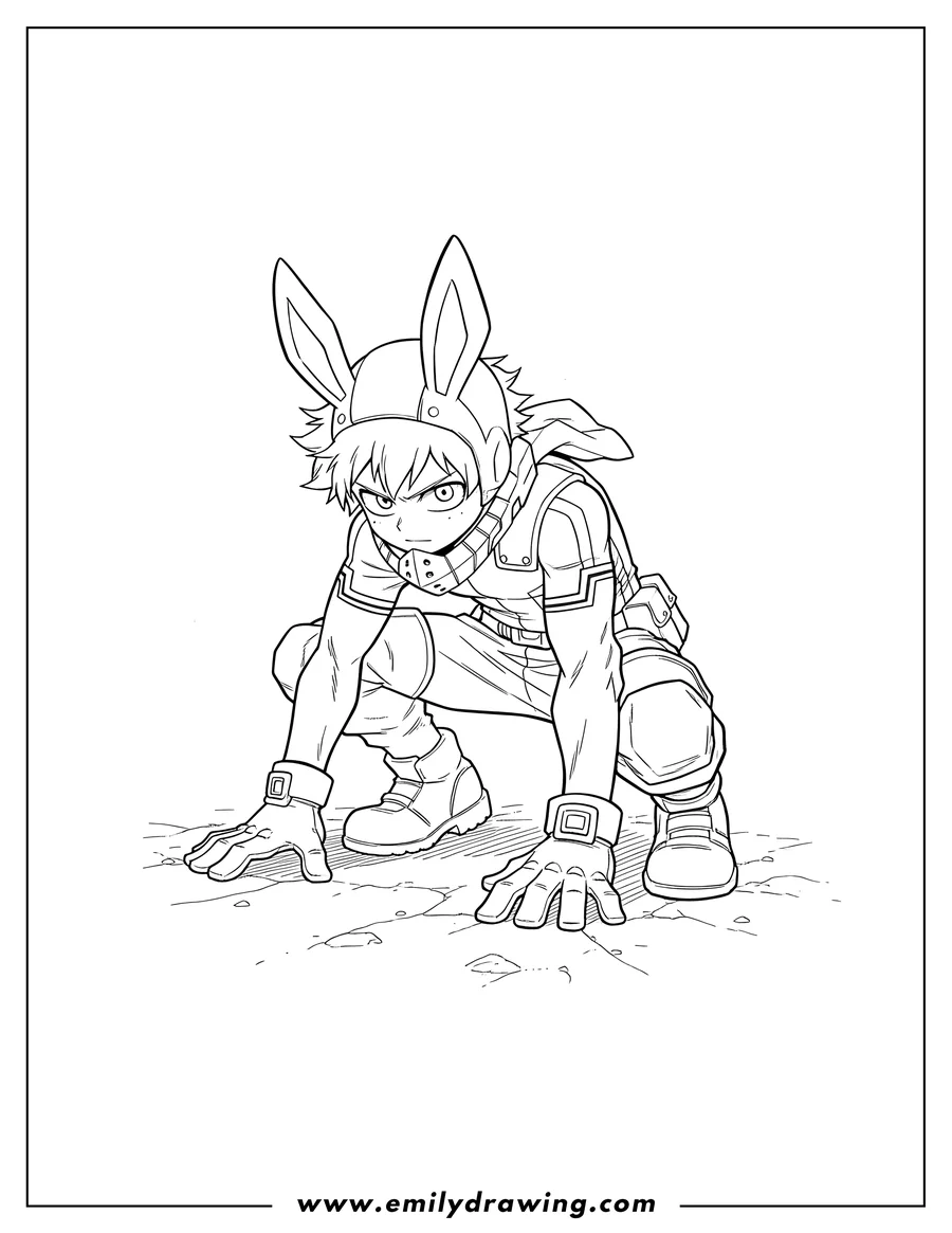 Coloring page for kids: deku crouching intently on the floor in his hero costume
