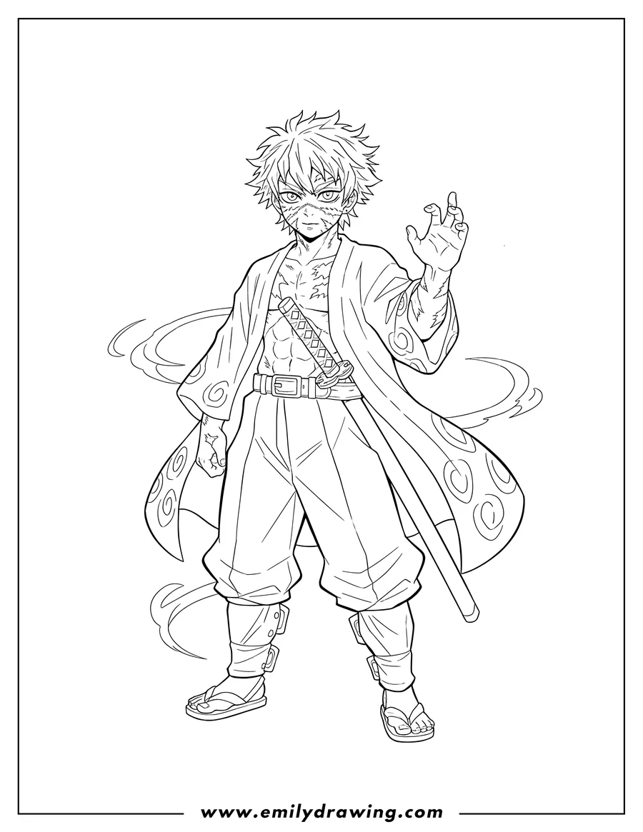 Printable line art of demon Slayer Sanemi with visible scars, a katana at his waist, and one hand raised