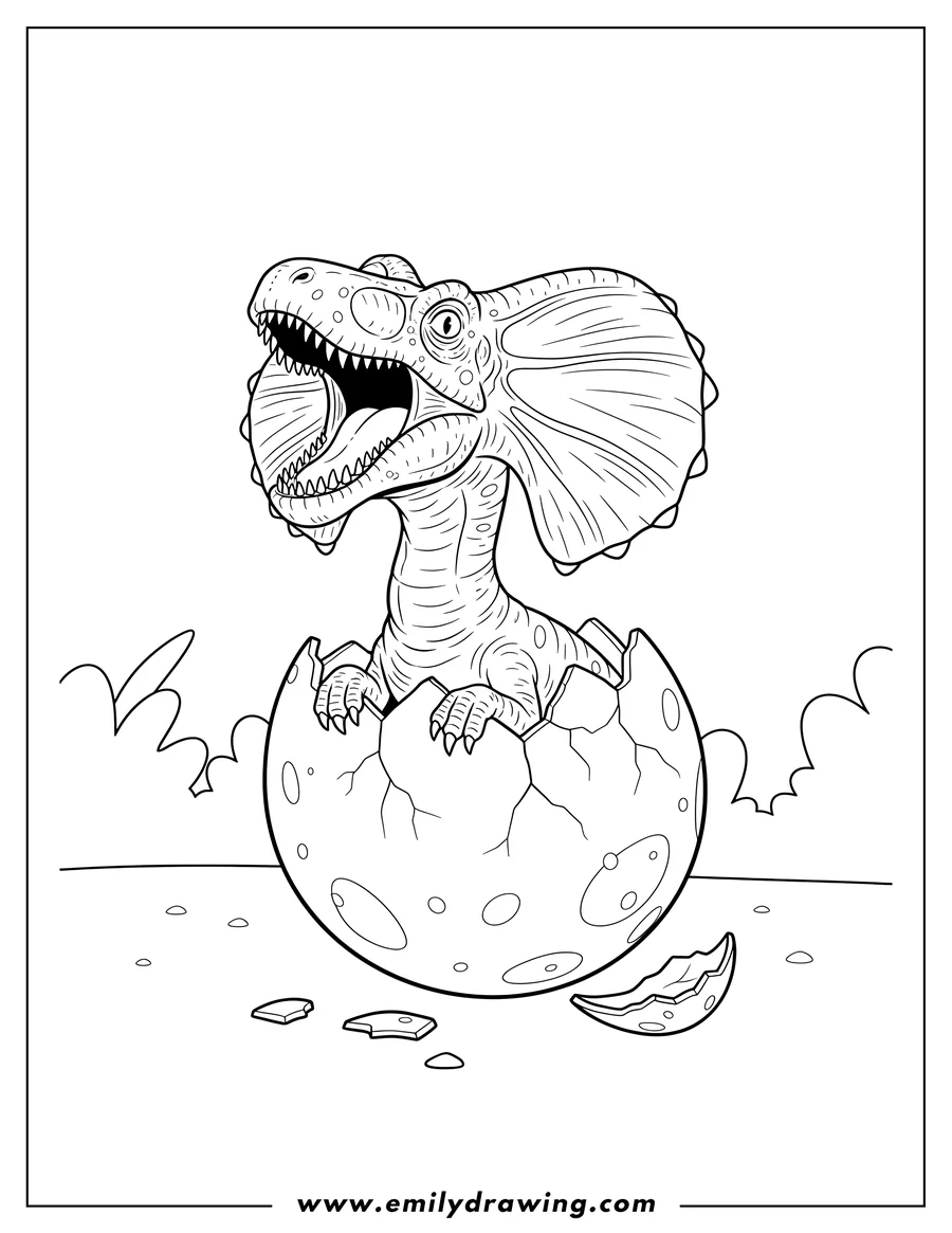 PDF style coloring page: dilophosaurus coming out of a cracked dinosaur egg, with frills spread and mouth open