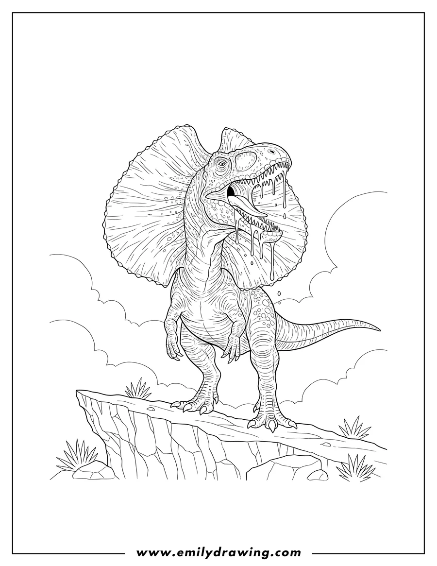 Printable line art of realistic Dilophosaurus Standing On Cliff with extended frills, open mouth, and dripping saliva