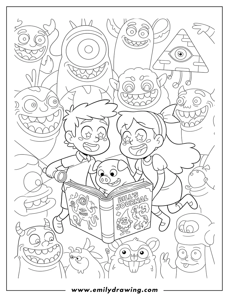 Free printable coloring sheet of dipper, Mabel, and Waddles excitedly reading Bill's Journal with Dipper holding a flashlight, With Creatures Background