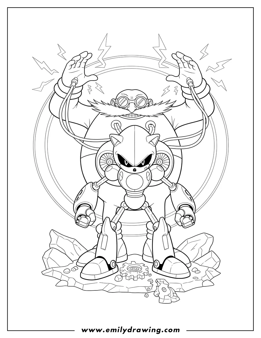 High quality printable doctor Eggman Controlling Metal Sonic, standing behind him with raised hands for coloring