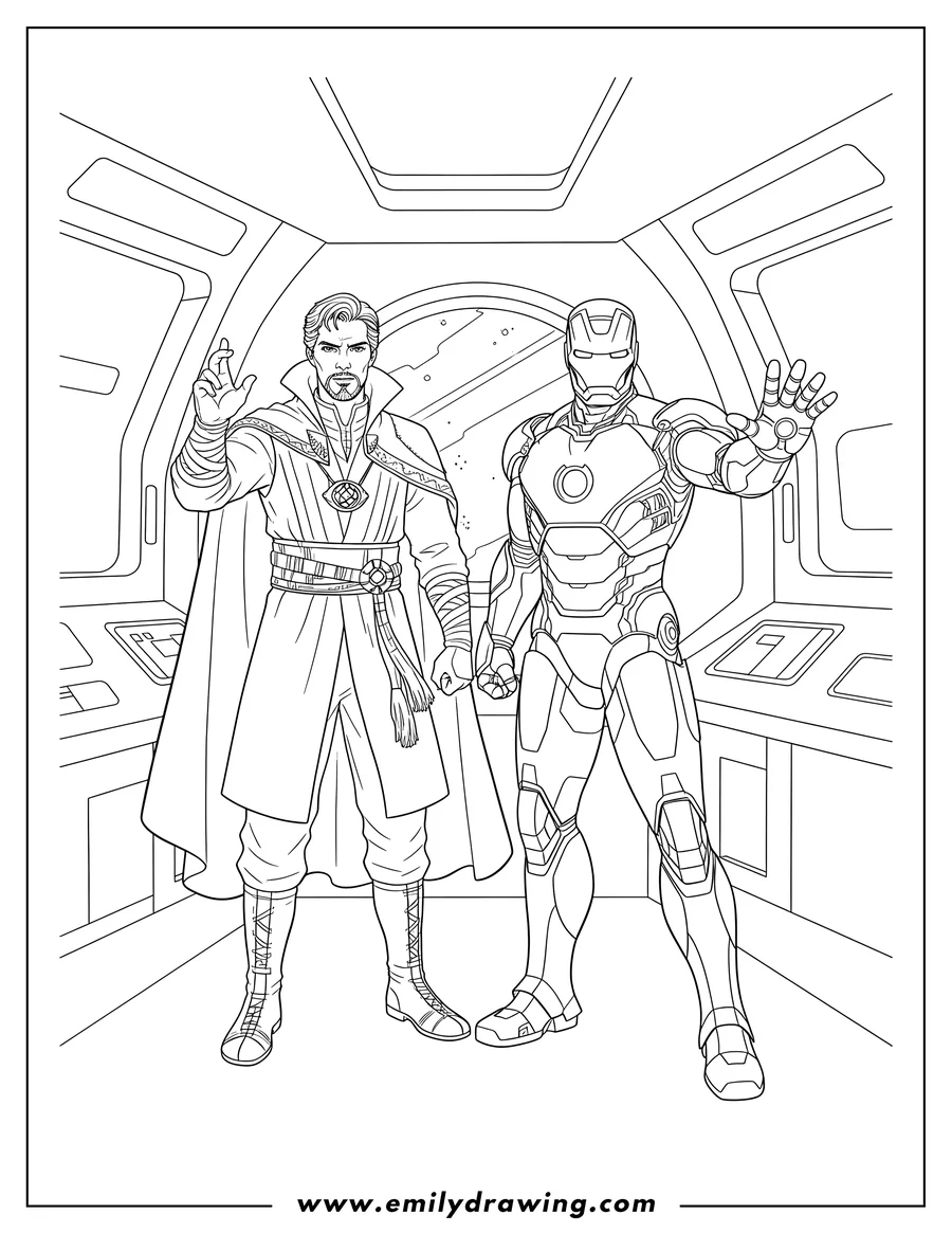 Clean line drawing: realistic Doctor Strange and Iron Man standing, Iron Man gesturing, inside a spaceship