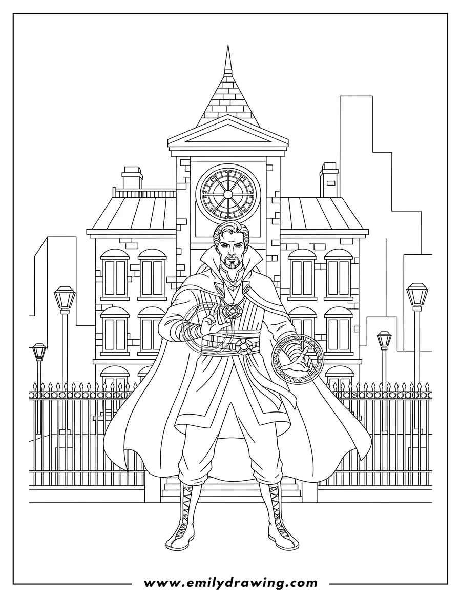 Printable line art of realistic Doctor Strange Sanctum Sanctorum, detailed line art for a coloring page