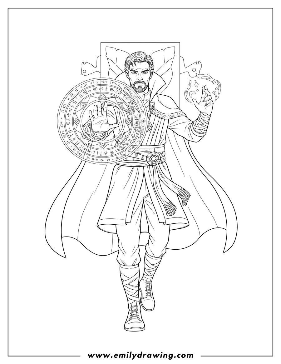 Black and white line art of doctor Strange walking forward and conjuring an Eldritch shield