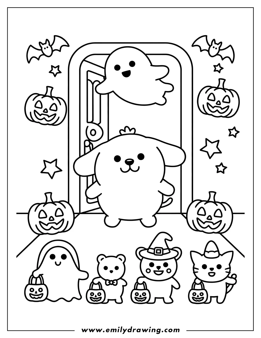 Black and white line art of dog-like character