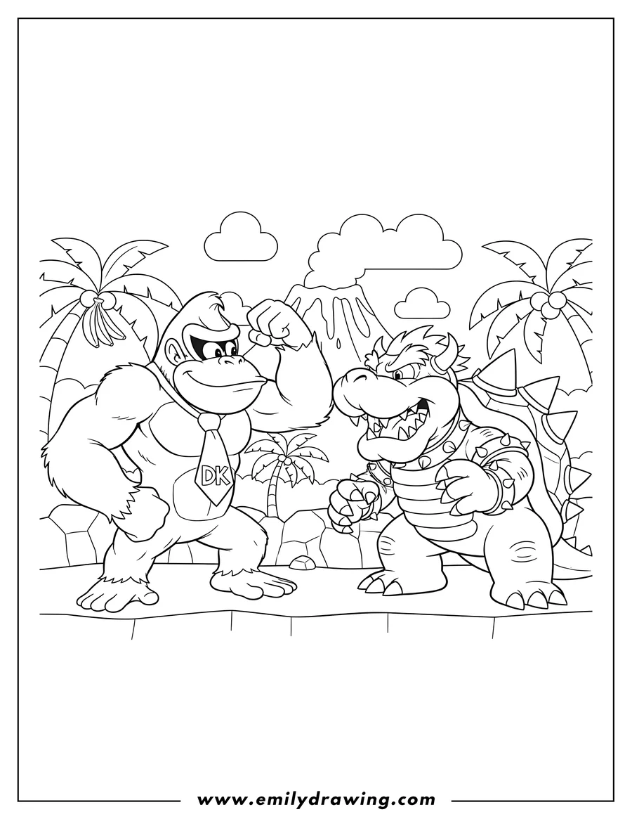 Downloadable coloring page of donkey Kong and Bowser facing off to color