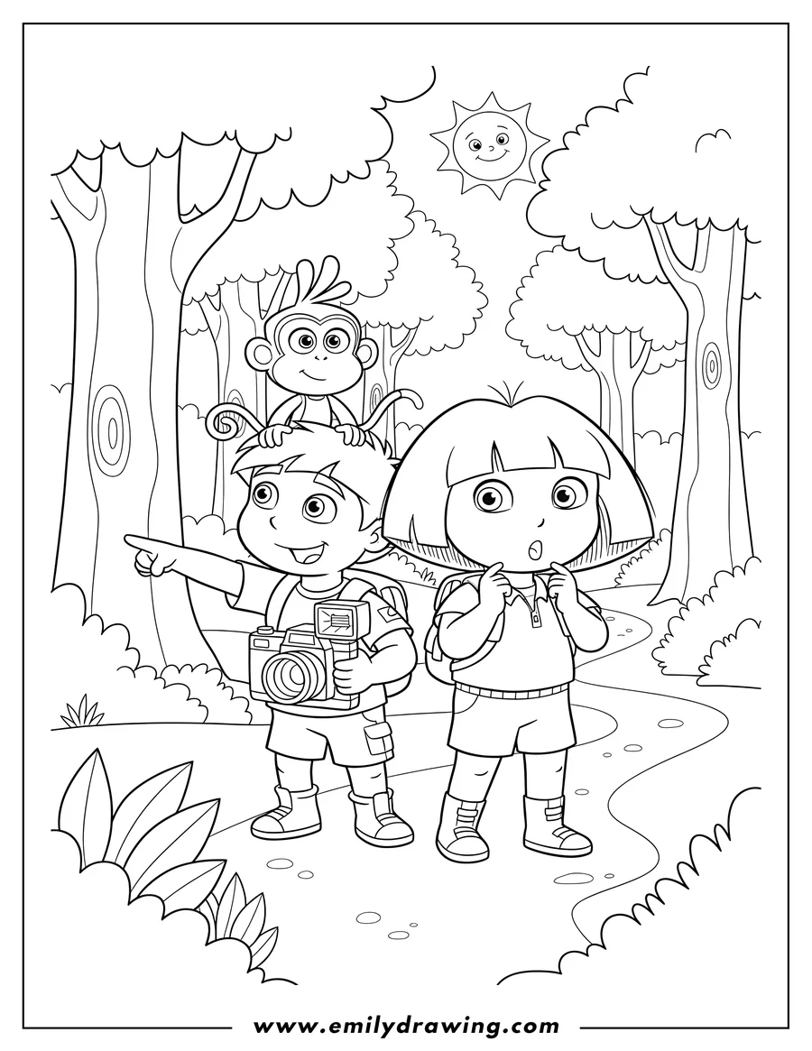 Coloring page of dora, Diego, and their monkey friend exploring a forest, with Diego pointing and holding a camera, and Dora looking surprised