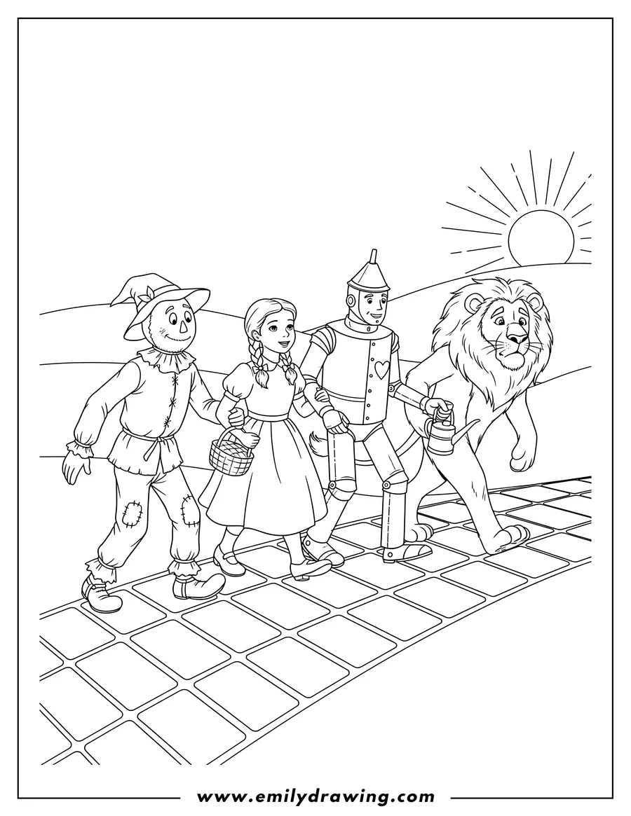High quality printable realistic Dorothy, Tin Man, Scarecrow, and Lion holding arms and walking on Golden Brick Road for coloring