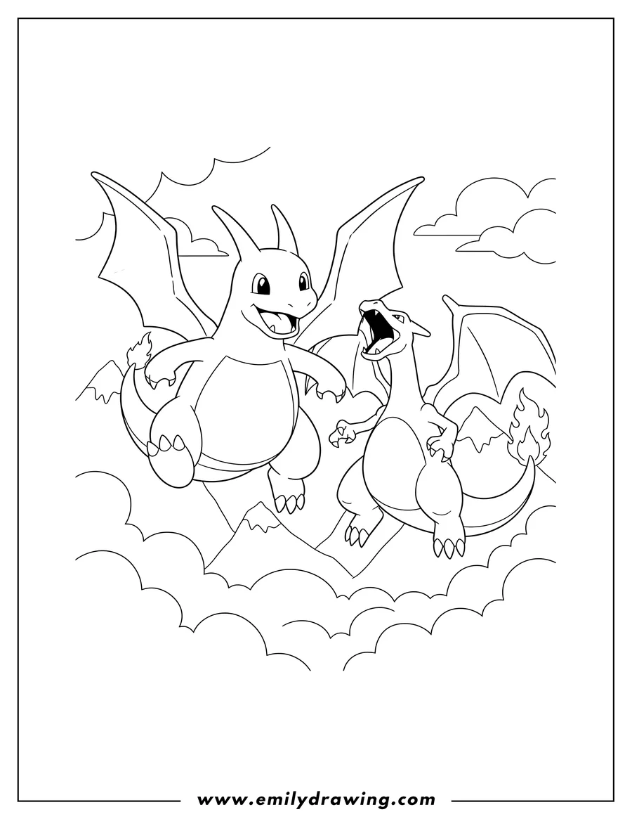 Coloring page for kids: dragonite With Charizard Pokemon Poster, with Dragonite flying happily and Charizard roaring