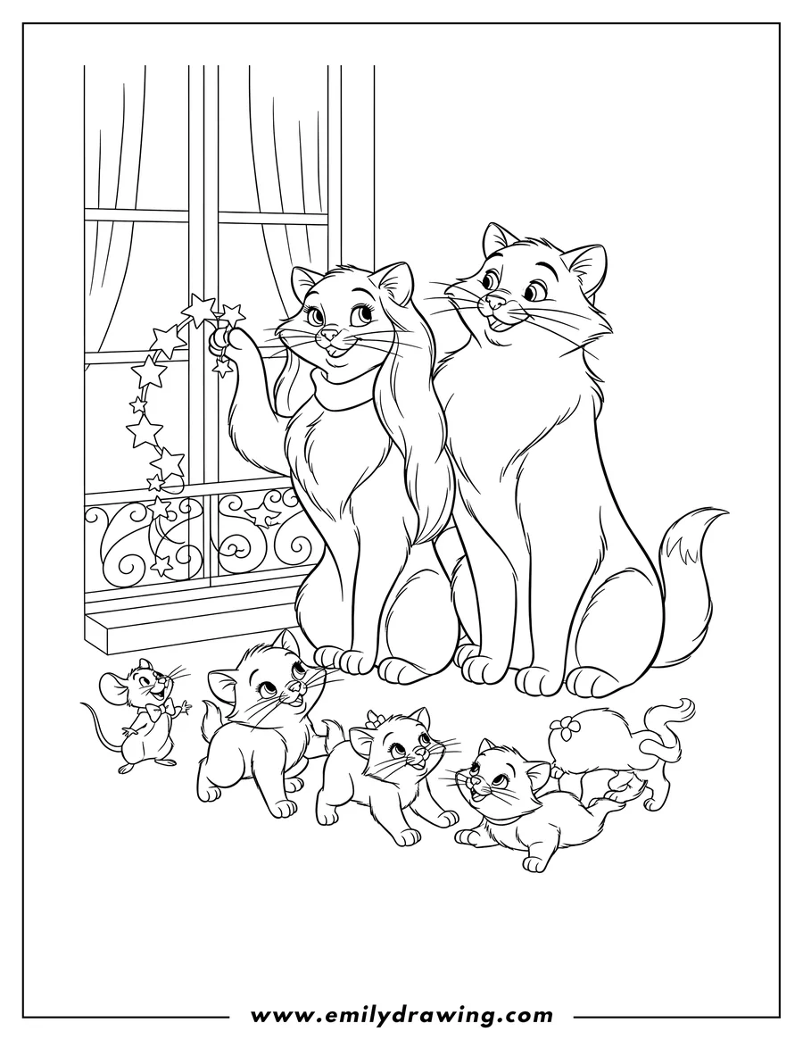 Free to print drawing of duchess and Thomas with their three smiling kittens and Roquefort, Duchess holding a string of stars