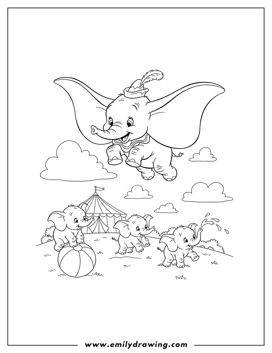 Simple sketch of dumbo flying with a hat while baby elephant friends play to color