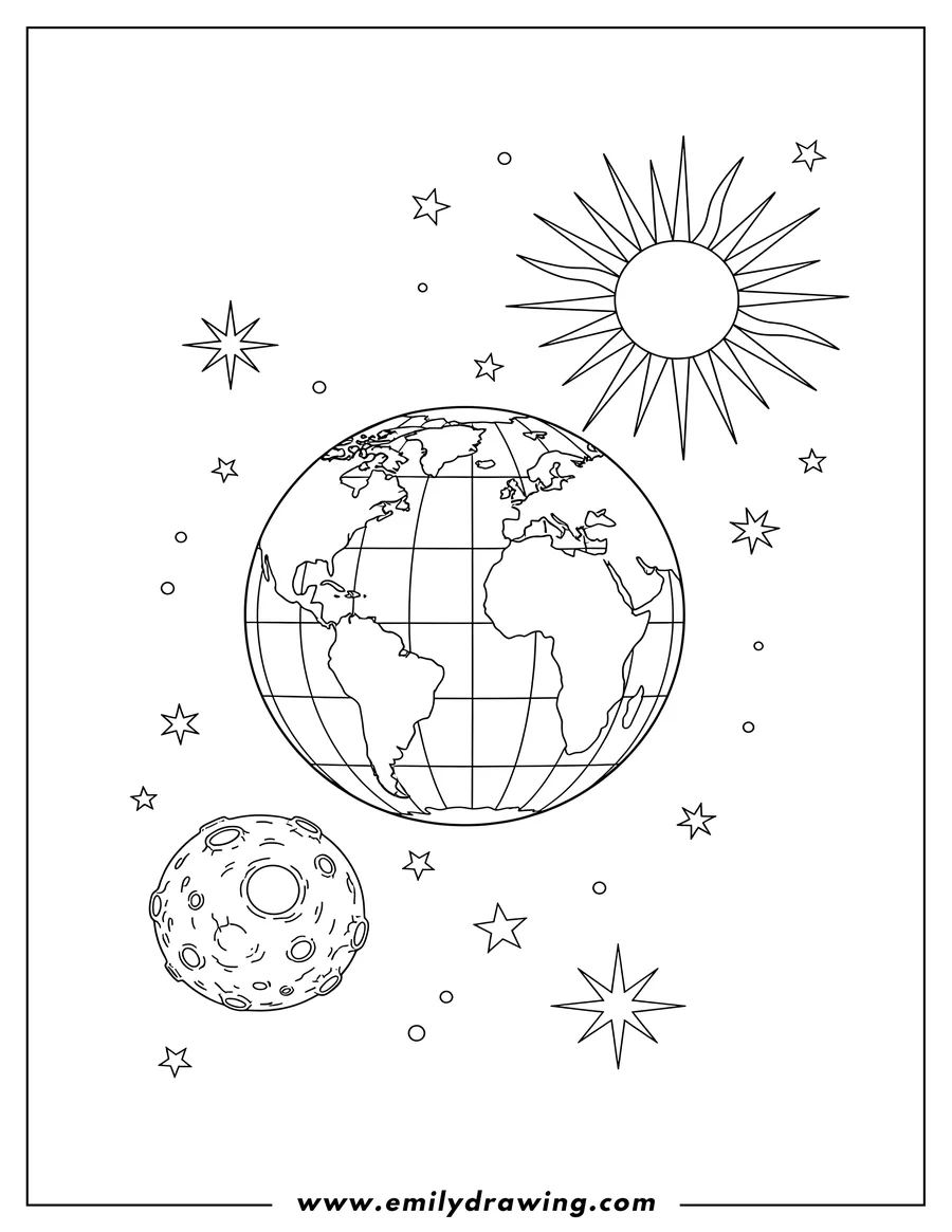 Printable line art of realistic Earth, Sun with rays, and cratered Moon in outer space with stars