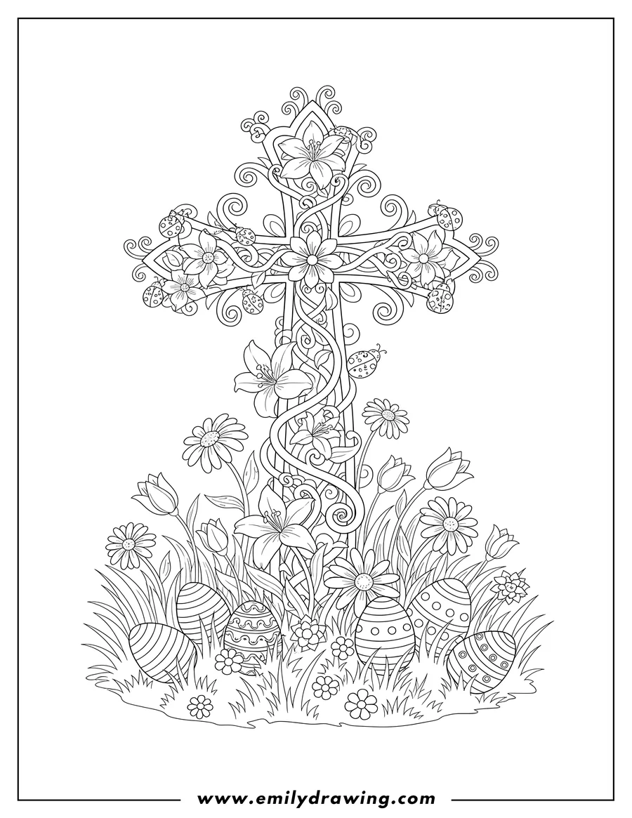 Vector style outline of easter Cross With Flowers Field, adorned with flowers and vines, ladybugs, and Easter eggs