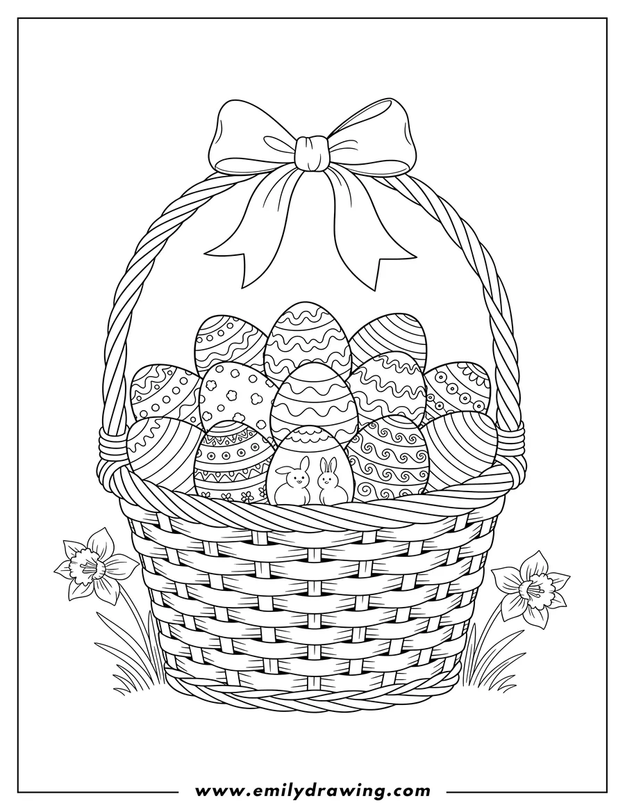Outline drawing of easter Eggs Basket with a bow and decorated eggs