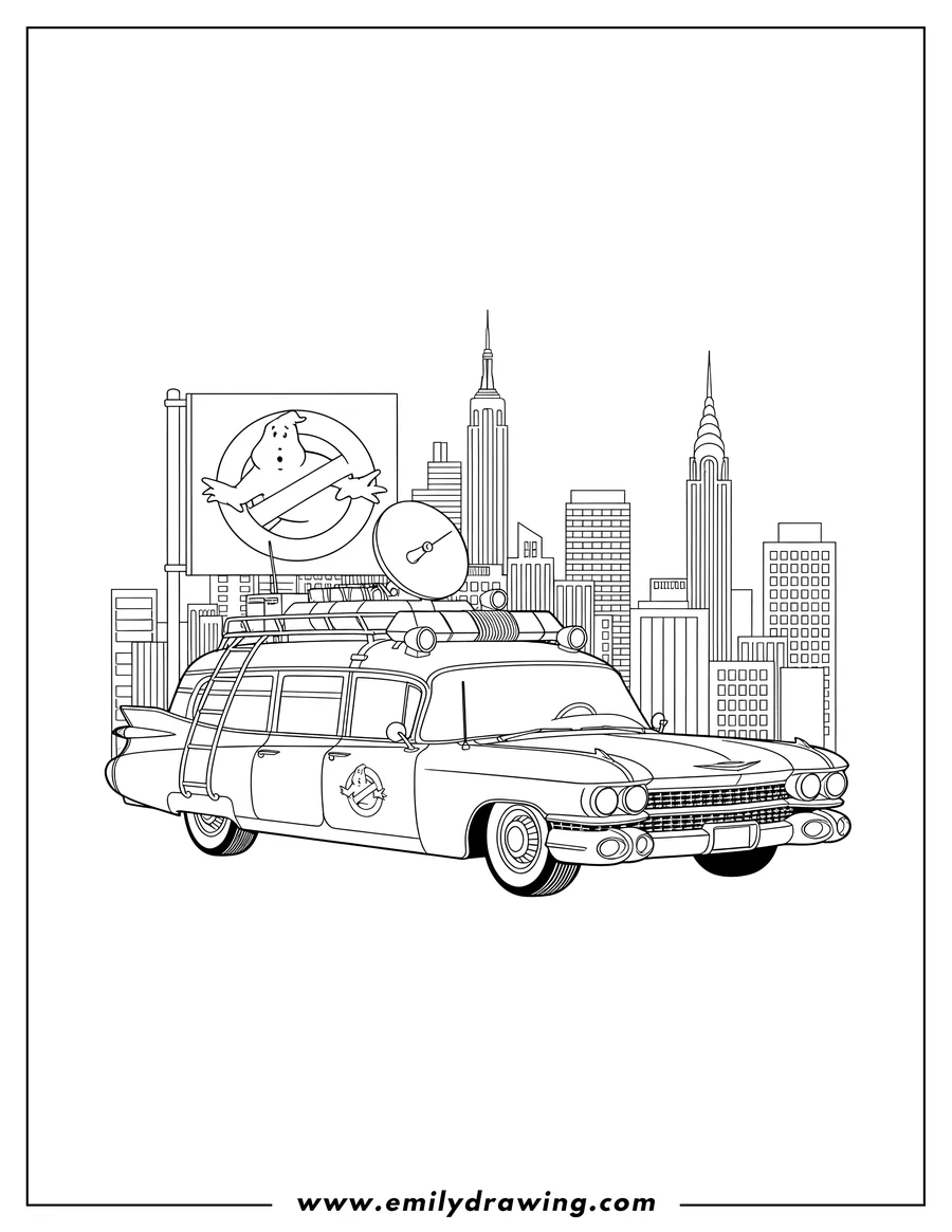 Full page coloring image of realistic Ecto 1 City with iconic roof equipment and Ghostbusters logo