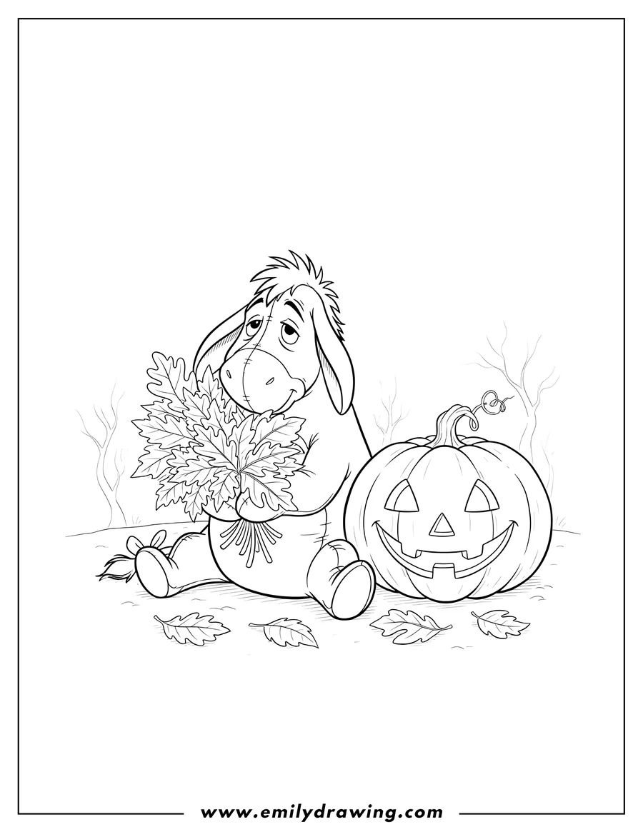 Coloring sheet featuring eeyore sitting next to a Jack-O-Lantern, holding a bundle of leaves, for Halloween