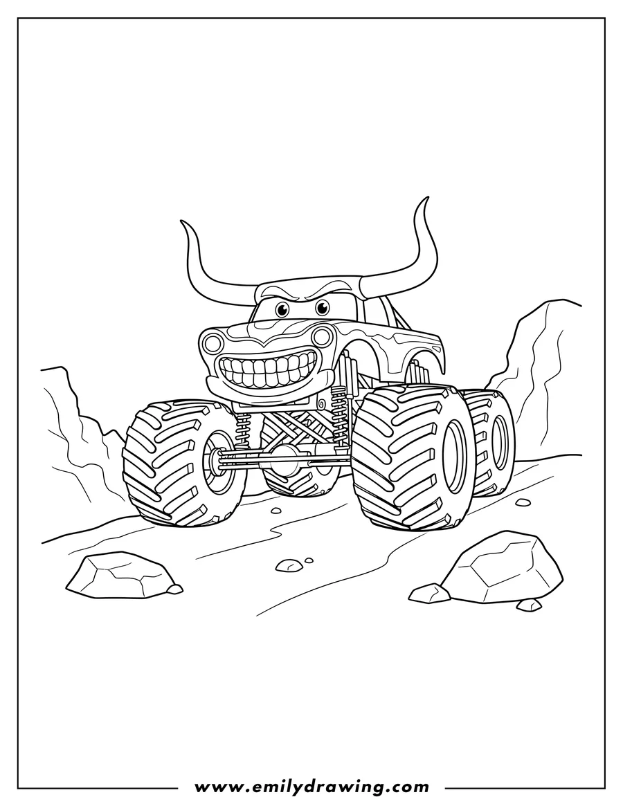 Linear illustration of el Toro Loco Monster Truck with bull horns and a toothy front, driving over terrain