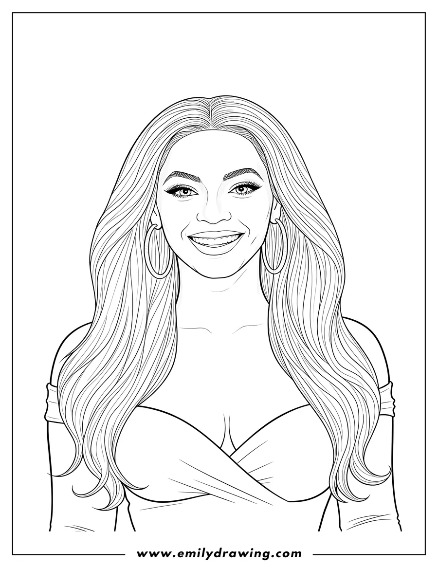 Black and white line art of elegant Beyonce Portrait With Hoop Earrings And Flowing Hair, smiling broadly and wearing a low-cut, off-the-shoulder top