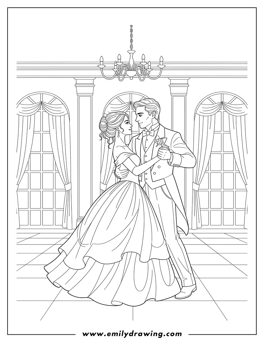 High quality printable elegant Couple Waltzing Gracefully in a Grand Ballroom, gazing at each other in a close embrace for coloring