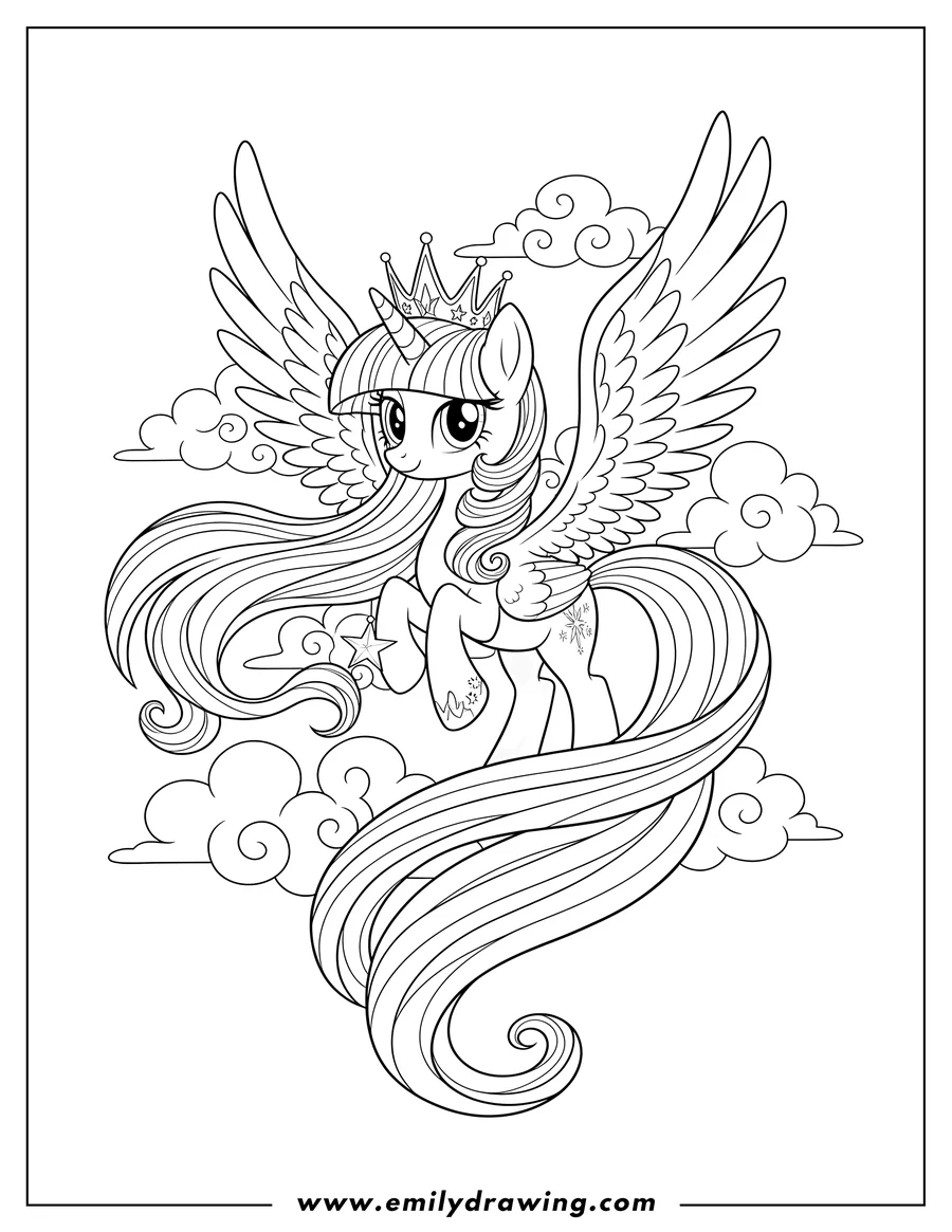 Coloring page of elegant Twilight Sparkle with wings and a very long flowing mane and tail, wearing a crown, holding a star charm, among clouds