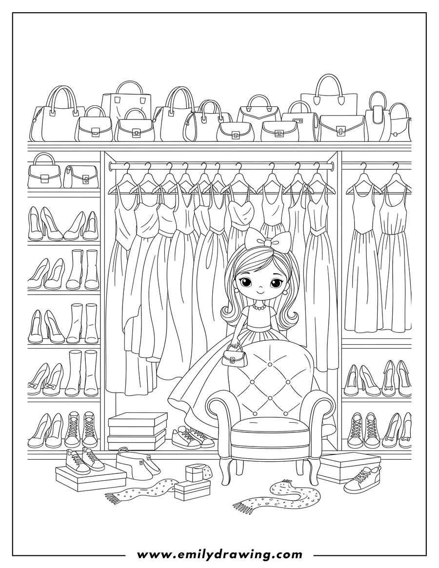 Coloring page of elegant Walk Closet Overflowing With Dresses, Shoes, And Handbags, with clothes hanging, bags on shelves, and a chair