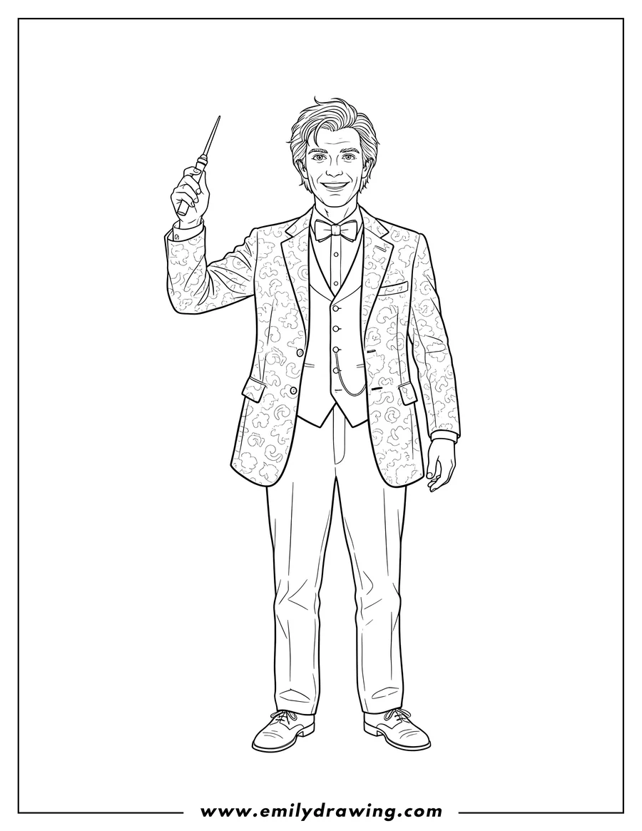 Downloadable coloring page of realistic Eleventh Doctor Who Holding Up Sonic Screwdriver, smiling, wearing a bow tie and vest