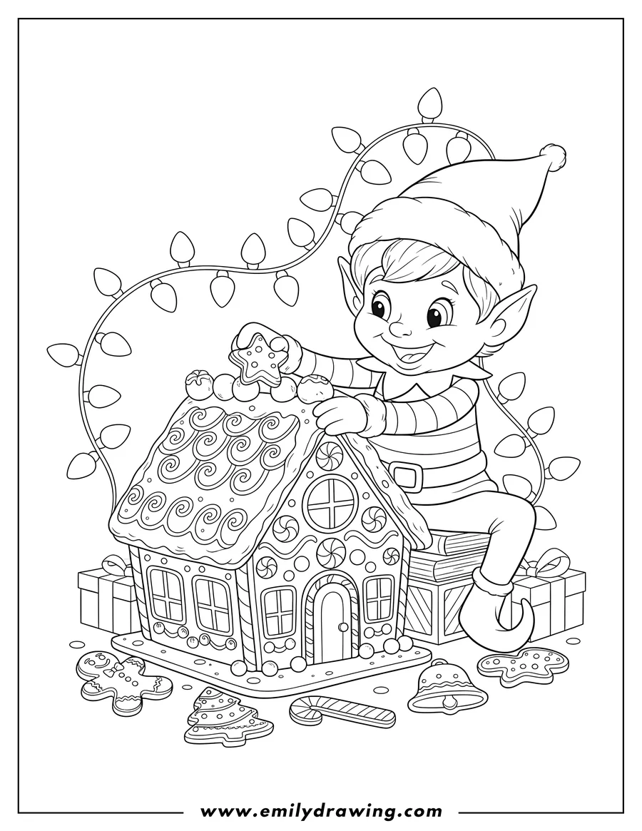Doodle style coloring picture of smiling Elf On Shelf decorating Gingerbread House with Christmas Cookies