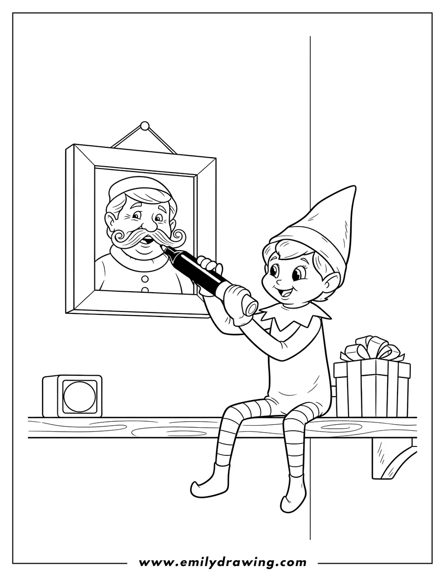 Simple sketch of mischievous Elf On Shelf drawing a mustache on a framed photo with a marker to color