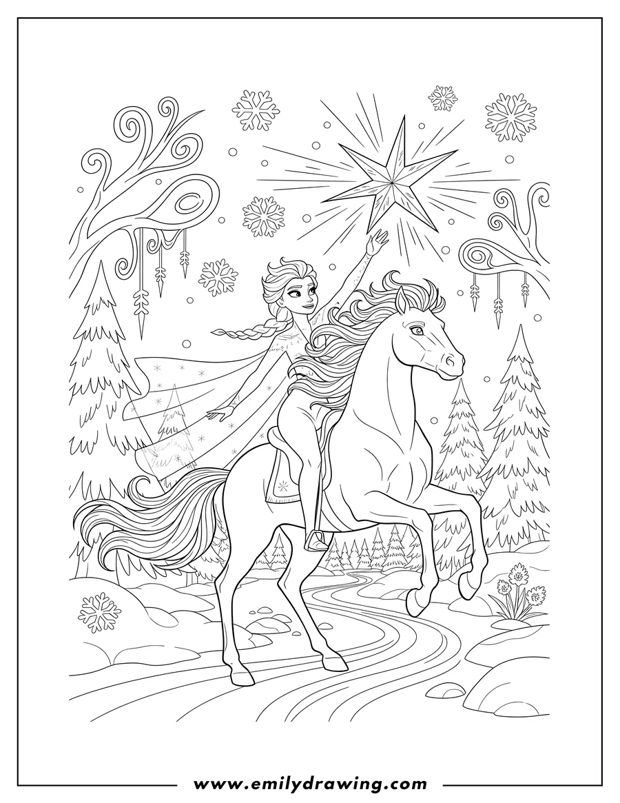 Free printable coloring sheet of elsa riding a horse, reaching for a star, in an enchanted winter forest