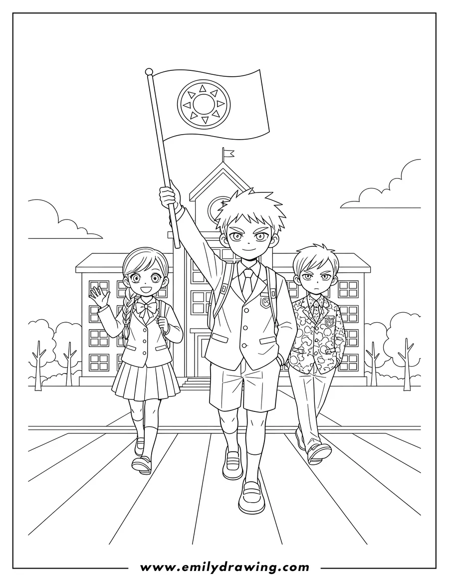 Free printable coloring sheet of elusive Warriors Manga Cover, students in school uniforms crossing a crosswalk, one holding a safety flag