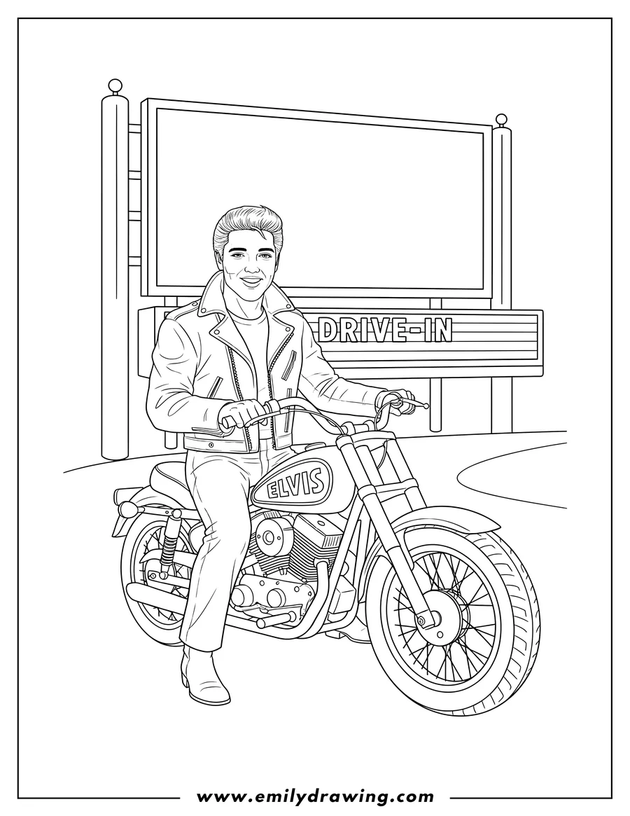 Doodle style coloring picture of realistic Elvis Presley wearing a leather jacket, sitting on a motorcycle with 'Elvis' on its tank, in front of a drive-in theater