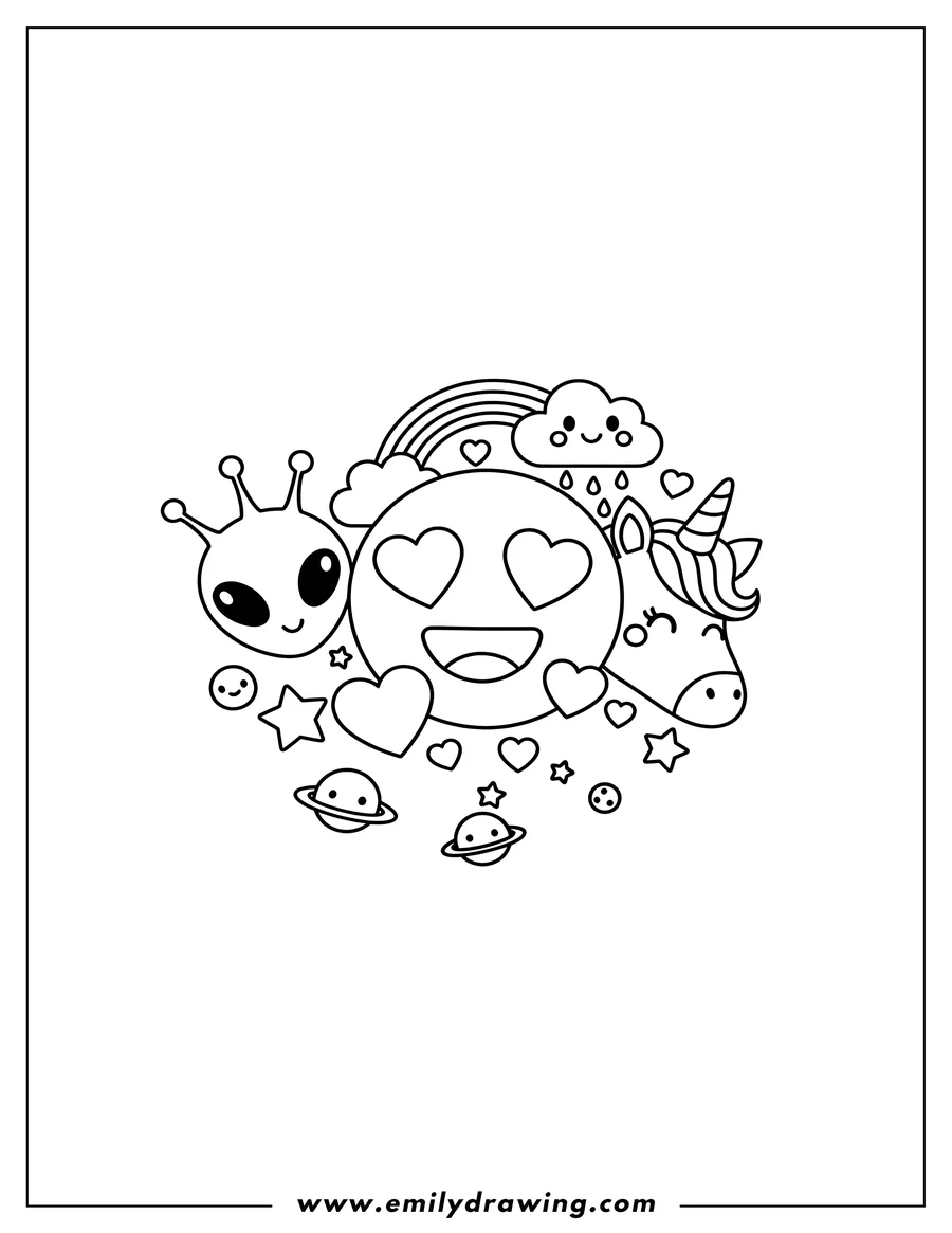Doodle style coloring picture of emoji Montage featuring hearts, aliens, and unicorns