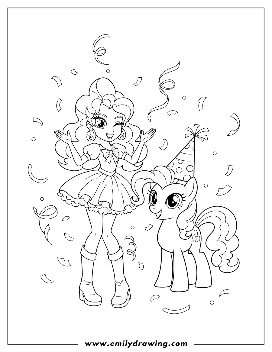 High quality printable equestria Girls Pinkie Pie winking and Pony Pinkie Pie in a party hat, celebrating with confetti for coloring