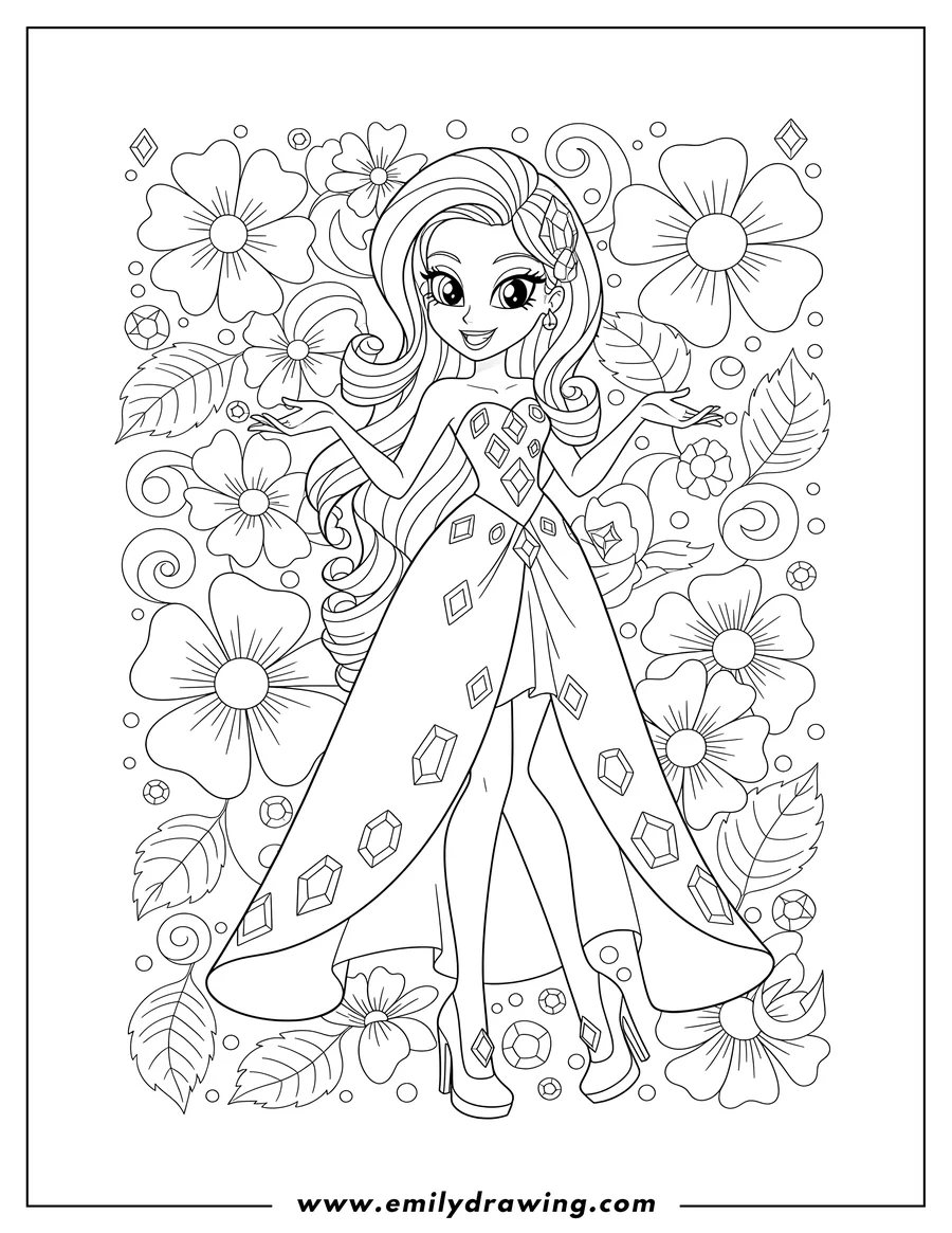Outline drawing of equestria Girls Rarity standing and smiling in a dress with gems, with a floral background