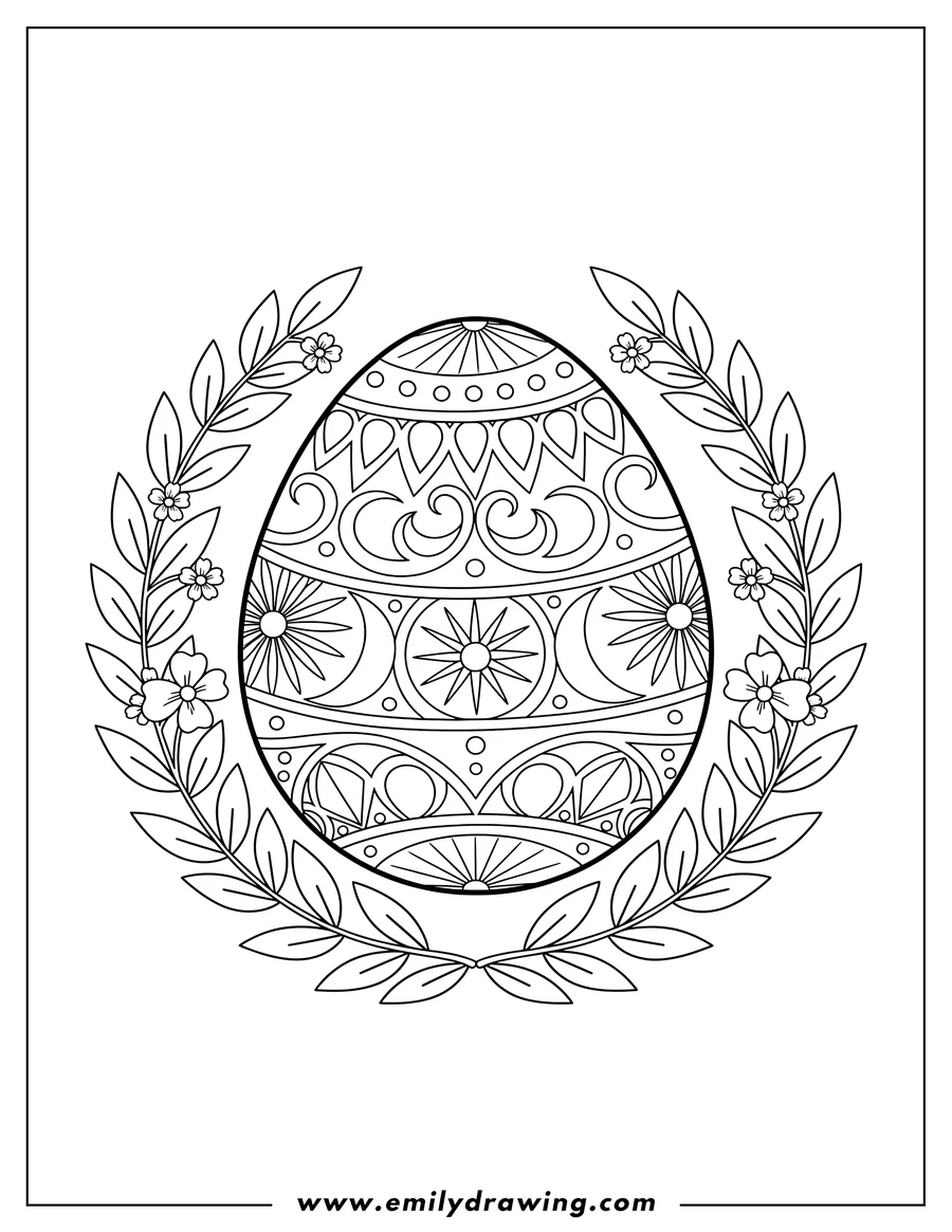 Printable line art of ethereal Easter Egg decorated with stars, moons, and circles, framed by a laurel wreath with small flowers
