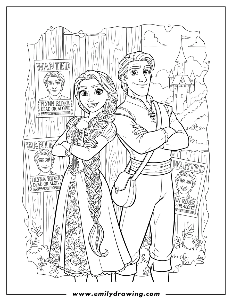Doodle style coloring picture of eugene and Rapunzel smiling with crossed arms, in front of Flynn Rider wanted posters