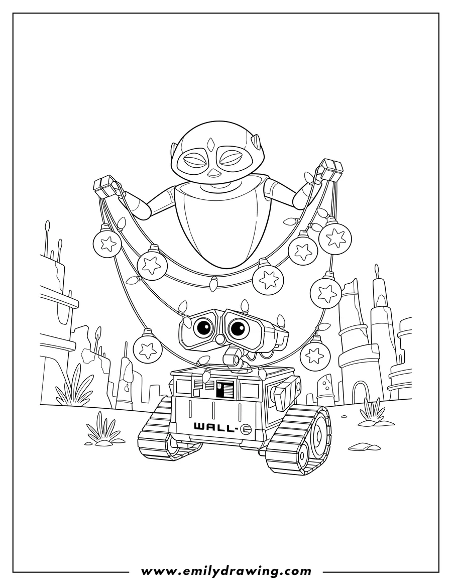 Coloring page for kids: eve floating above Wall-E, draping Christmas lights on him