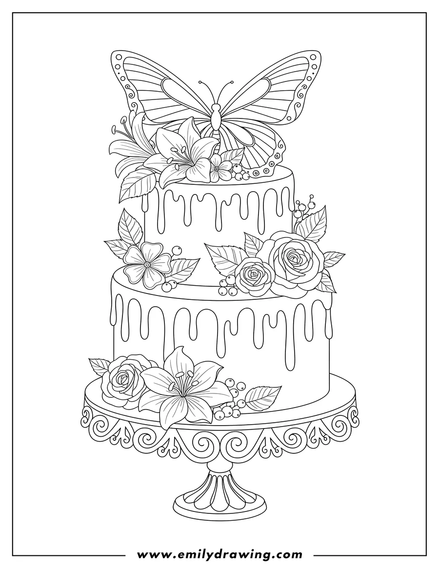 Outline drawing of two-tiered fantasy cake with drip icing, flowers, and butterfly wings on a cake stand