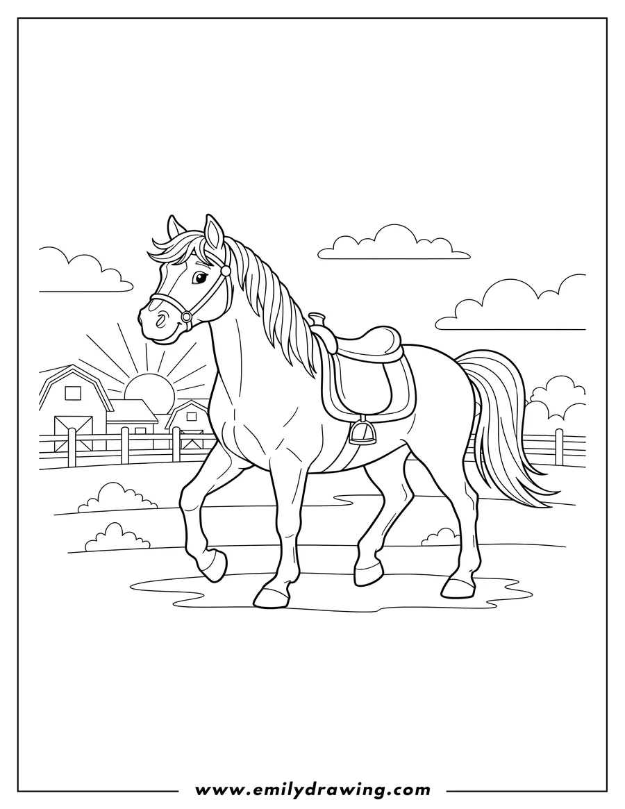 Coloring sheet featuring farm Horse, walking