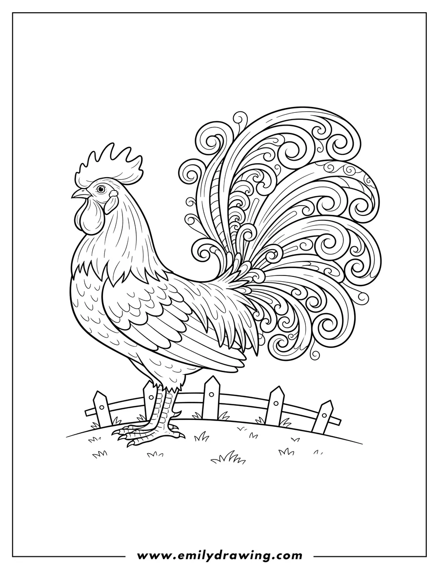 Linear illustration of farm Rooster standing in profile with elaborate tail feathers