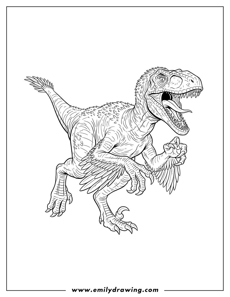 Linear illustration of realistic Feathered Velociraptor Scaled, lunging with its mouth wide open