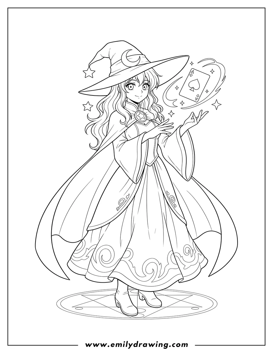 Printable line art of female anime magician wearing a hat, levitating a playing card between her hands