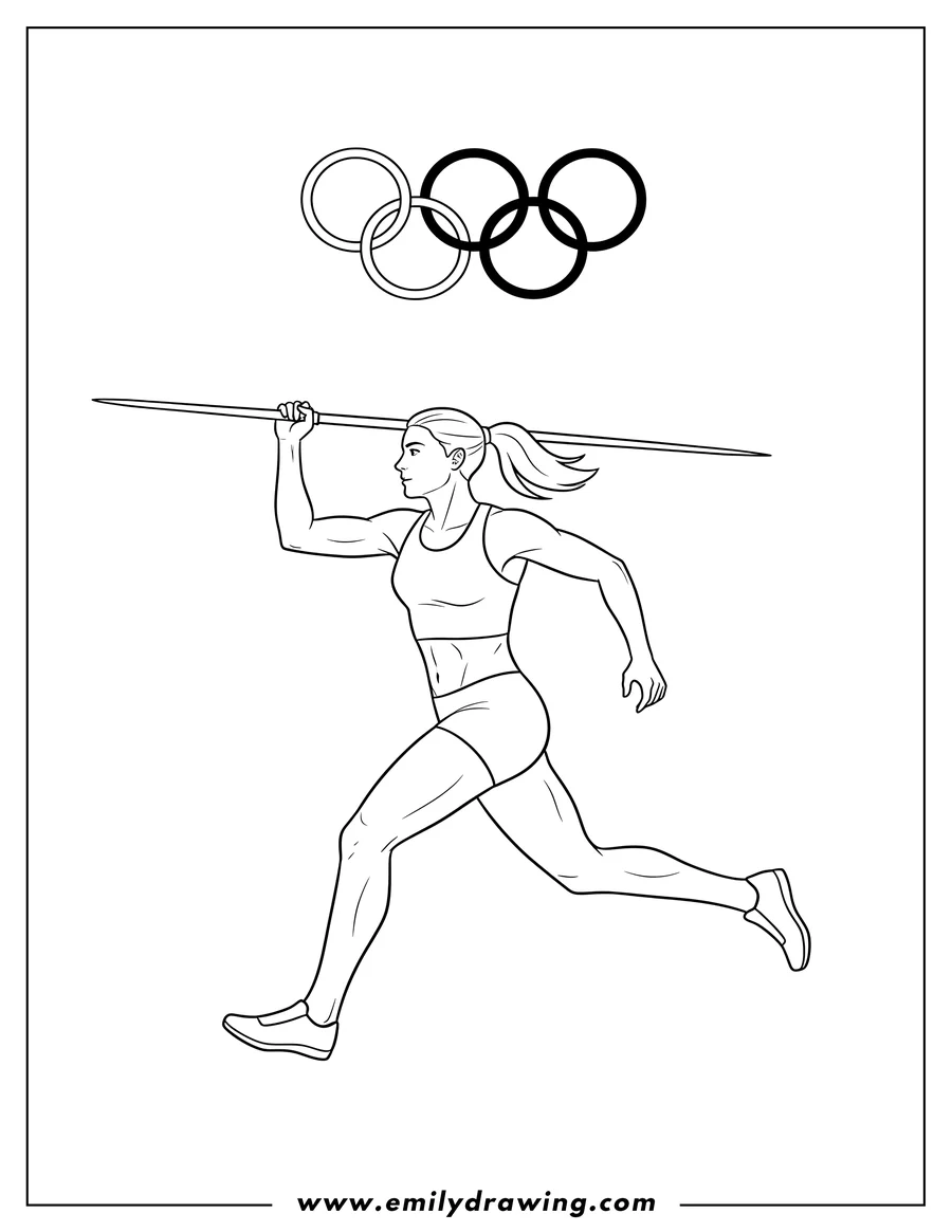 Vector style outline of female athlete running, holding a javelin, with Olympic logo above her