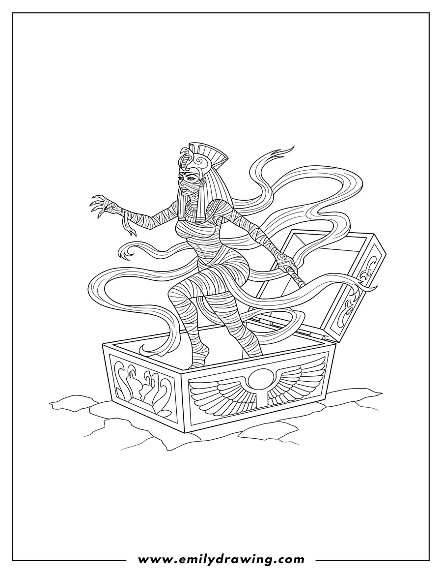 Doodle style coloring picture of female Mummy lunging out of a coffin with a headpiece and trailing bandages